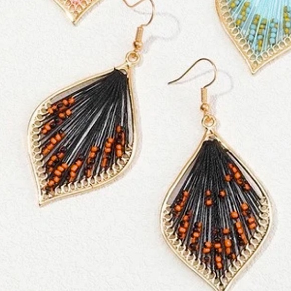Boho Tribal Thread Woven Beaded Drop Earrings - Picture 2 of 3